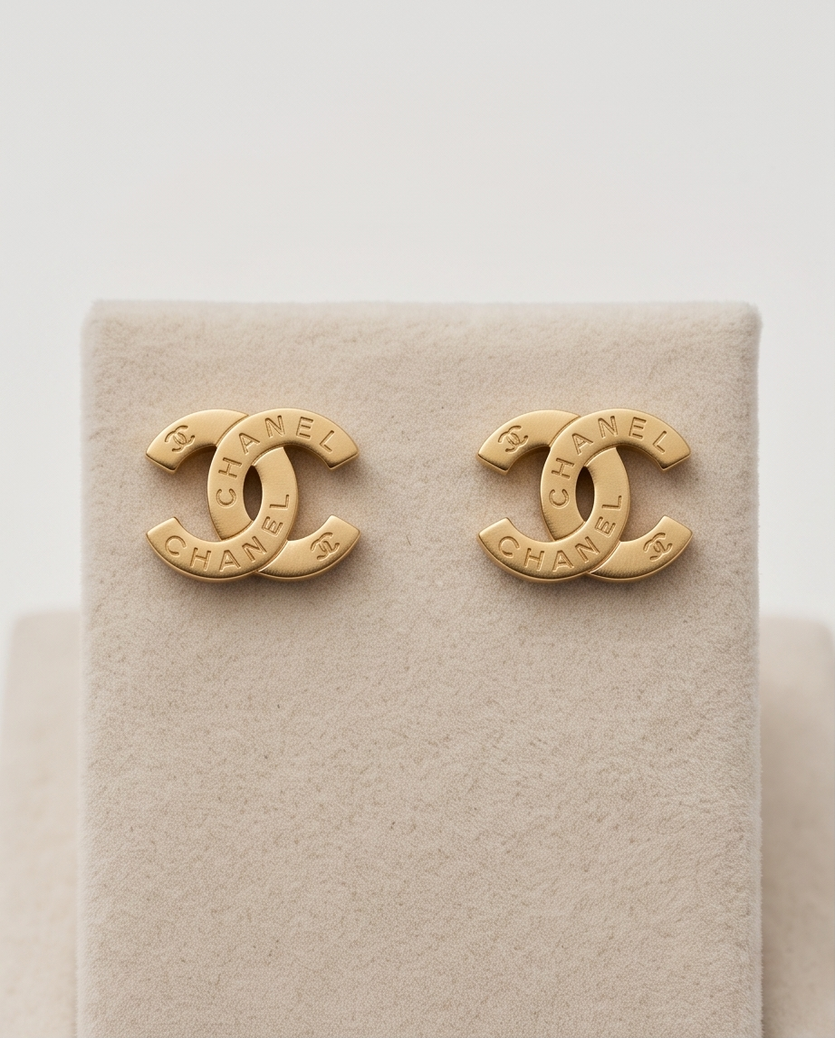 A pair of gold-tone Chanel logo stud earrings displayed on a beige textured jewelry stand against a light neutral background.